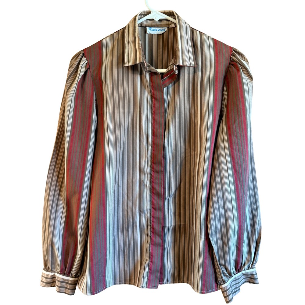 Vintage John Meyer Striped Puff Sleeve Button Down Blouse Brown Red Size 12 - Picture 2 of 8